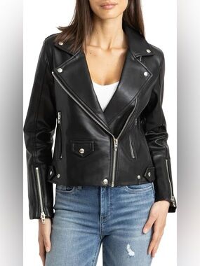 New Blank NYC Black Faux-Leather Moto Jacket With Silver Hardware Size Large